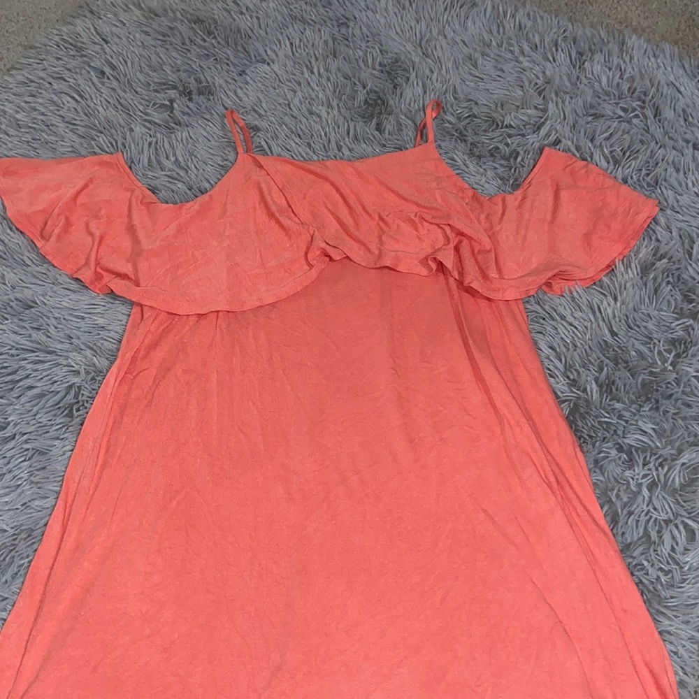 Peach off shoulder dress.